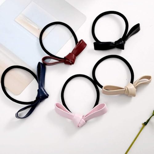 PU Leather Knotted Bow Hair Ties - 6 Pack Multicolored Ponytail Holders