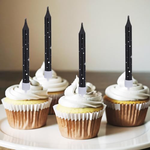 Galaxy Space Themed Birthday Cake Candles - 12 Long Black Cupcake Toppers