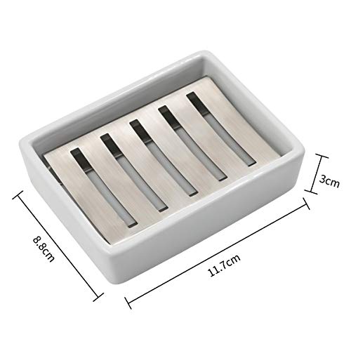 TOPSKY White Ceramic Soap Dish Holder with Stainless Steel Tray
