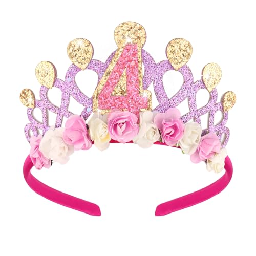 TODDER 4th Birthday Headband Glitter Pink Hair Accessory with Flowers