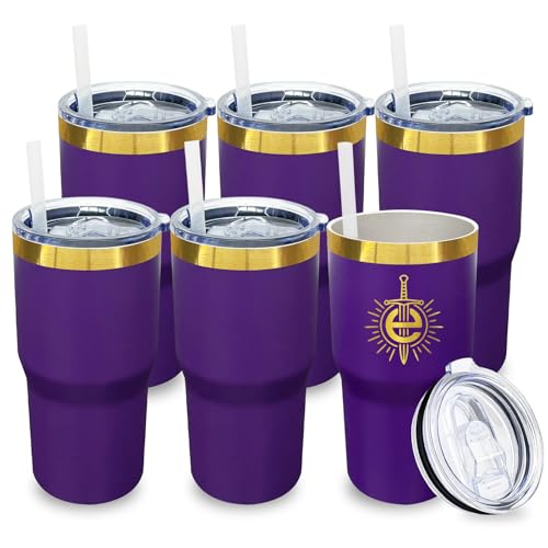 Purple 20 oz Stainless Steel Tumbler with Lid & Straw - Bulk Set of 6