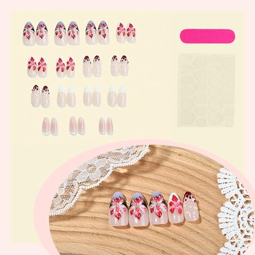 3D Floral Press On Nails Medium Almond French Tip False Nails