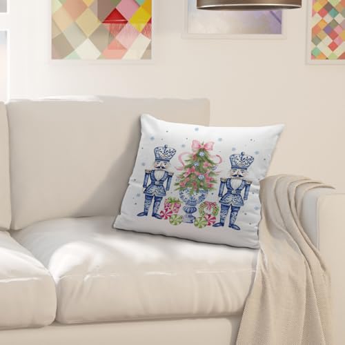 Nutcracker Pink Bows Christmas Pillow Cover 18x18 - Coquette Bows Tree Throw Pillowcase, Chinoiserie Decor, Flannel