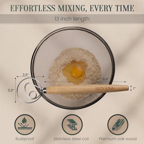 BRIVANA 13-Inch Danish Dough Whisk - Stainless Steel Single Loop Bread Mixer