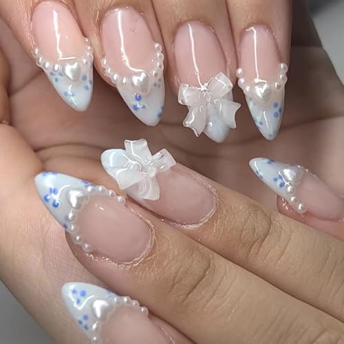 French Blue Press On Nails Medium Almond Fake Nails 3D Heart Rhinestone