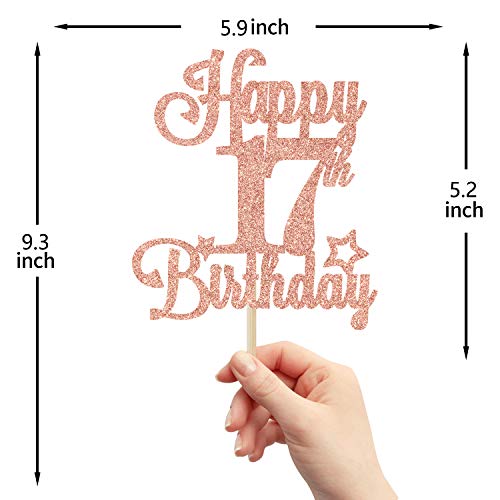Happy 17th Birthday Cake Topper - Rose Gold Glitter Decoration