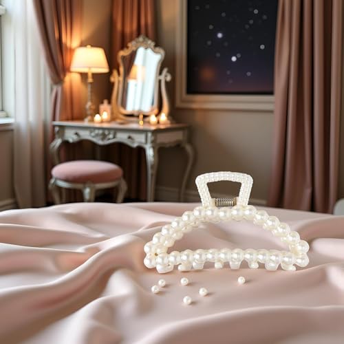 Cauaoa Large White Faux Pearl Hair Claw Clips for Thick Hair 2Pcs