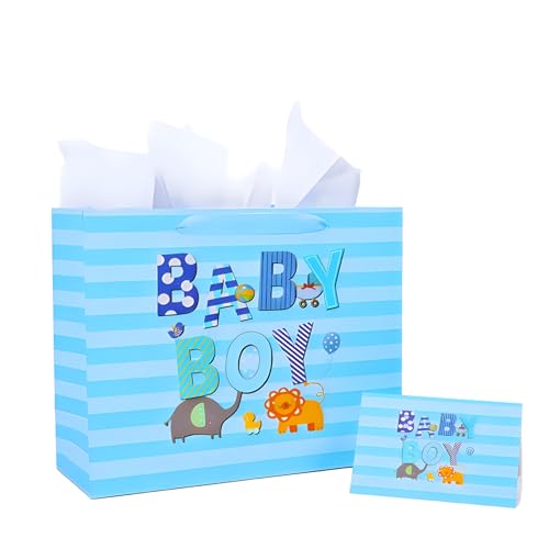 Large 13" Baby Boy Gift Bag with Card & Tissue Paper - Cartoon Design