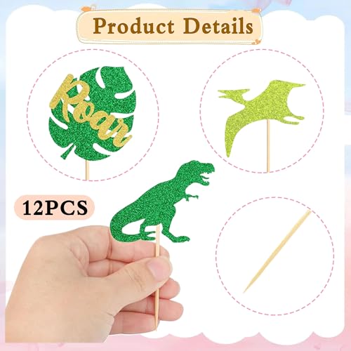 12 Dinosaur Cupcake Toppers - Glittery Party Decor for Kids