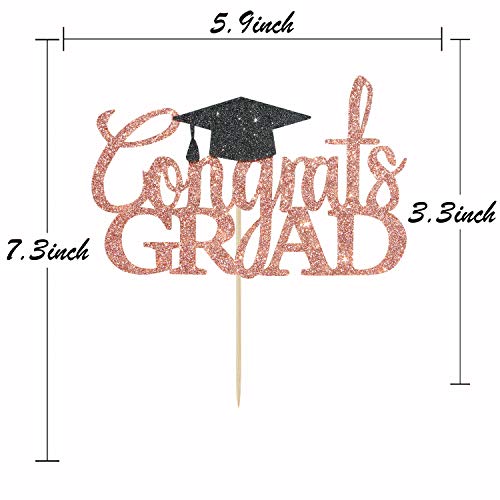 Congrats Grad Cake Topper - Rose Gold Glitter for 2026 Graduation