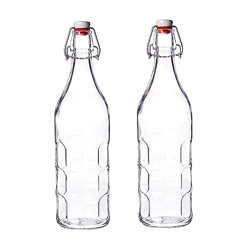 Bormioli Rocco Set Of 2 Moresca Bottles, 33.75 Oz. Clear Textured Glass, With Swing Top Hermetic Lid, Leak Proof Water Bottle, Dishwasher Safe, Made In Italy