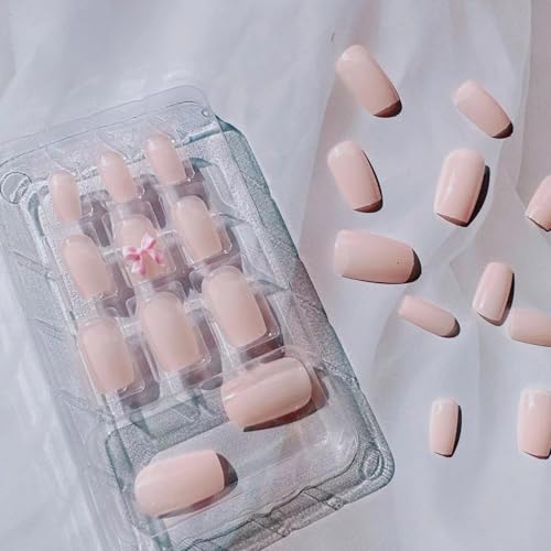 Nude Pink Bow Press on Nails Medium French False Nails 24Pcs