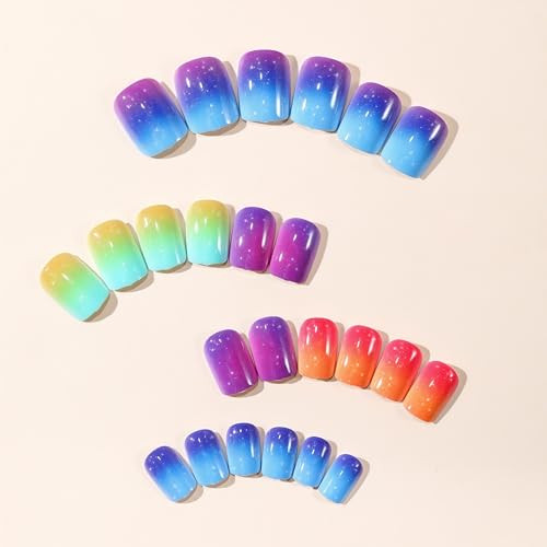 Short Square Press on Nails Glossy Gradient Rainbow Fake Nails 24 Pcs