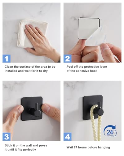 Eowihor Adhesive Hooks - 4 Pack Heavy Duty Black Stainless Steel Wall Hooks