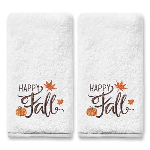 Fall Hand Towels Set of 2 - Pumpkin Embroidered Kitchen & Bath Towels, 14x30 Inches