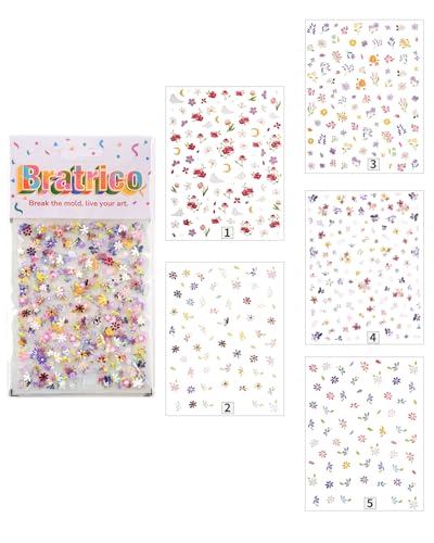 Bratrico 5D Embossed Flower Nail Stickers - Colorful Floral Petal DIY Set