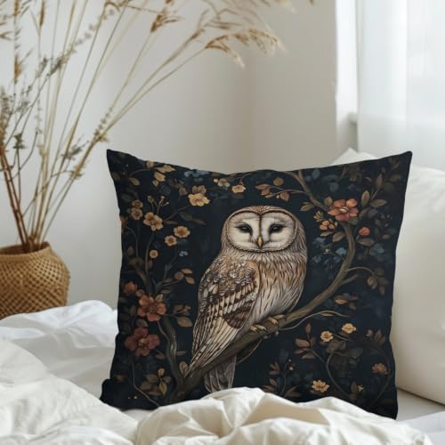 Owl Pillow Cover 18x18 Inch - Dark Floral Design, Variation 2