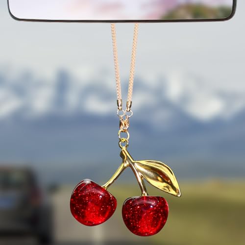 Briwill Cherry Rear View Mirror Charm - Silver & Red Car Accessories for Women, Gold & Red Variation