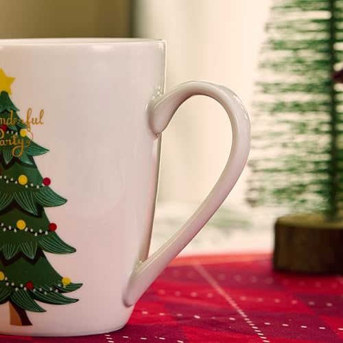 Christmas Tree Mugs Set of 6 - 14oz Bone China Coffee Cups, Microwave & Dishwasher Safe, Gift for Family (6pcs) Variation of Mug