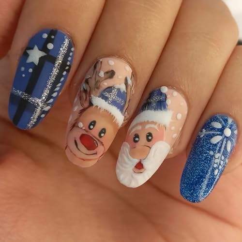 SWEKKE Christmas Press on Nails Short Round Winter Fake Nails Blue Glossy