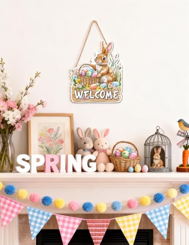 Easter Bunny Welcome Wooden Door Sign - Rustic Spring Decor