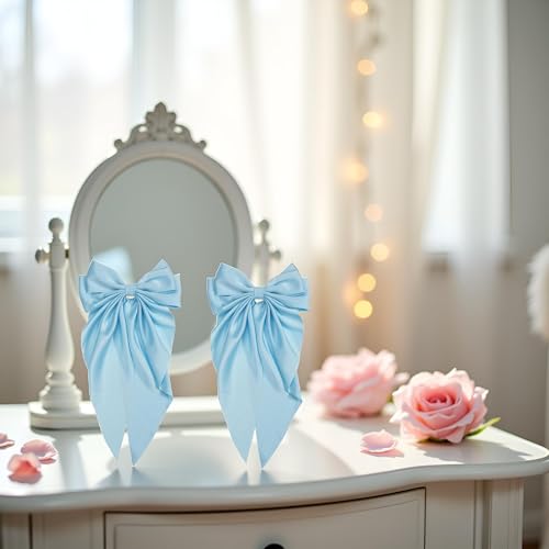 Light Blue Jumbo Silky Satin Hair Bow Barrettes with Long Tails
