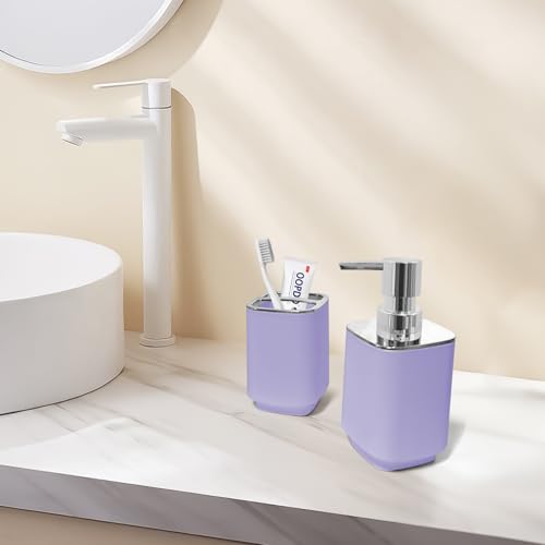 2Pcs Lavender Bathroom Accessory Set, Square Soap Dispenser & Holder