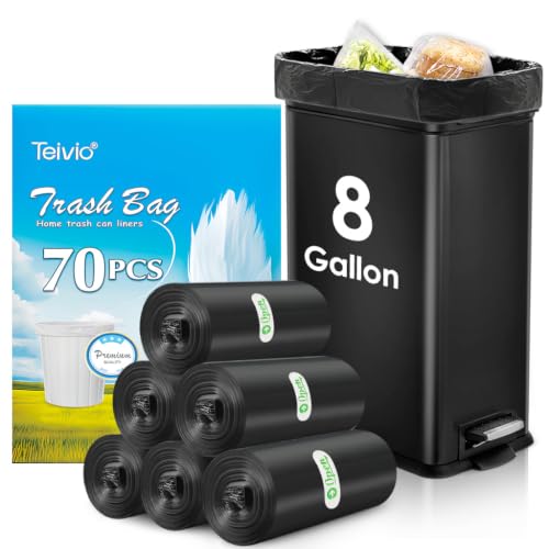 Teivio Black Trash Bags 8 Gallon, 70 Count - Medium Garbage Bags for Kitchen & Home, Star Seal Bottom