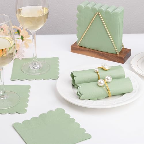 100 Pcs Sage Green Scalloped Cocktail Napkins - 5x5 Inches Disposable for Parties