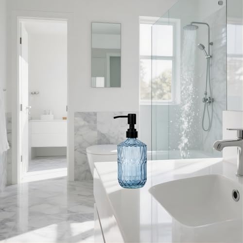 18oz Blue Glass Soap Dispenser with Rustproof Black Pump