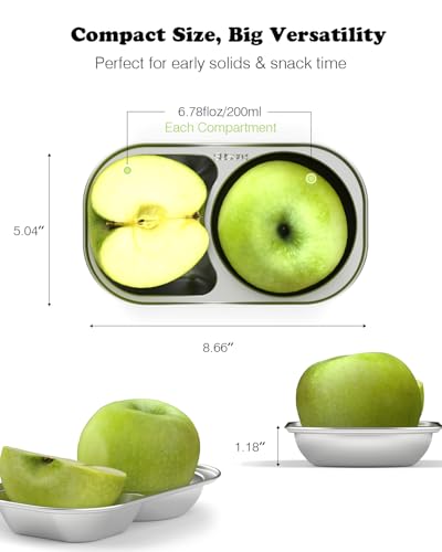 Bakpoco Stainless Steel Toddler Plates, 2-Divider Divided Kids Dish, 8.6"x5"