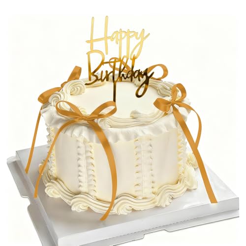 Gold Cake Topper Set with Acrylic Happy Birthday Sign and 10 Satin Ribbon Bows for Party Decorations