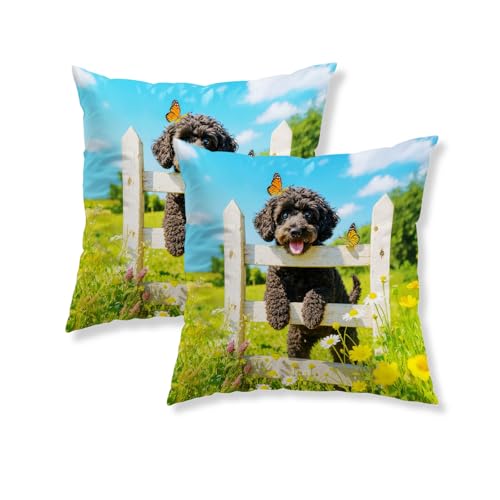 Spring Pillow Covers 18x18 Set of 2 Poodle Floral Satin Cushion Cases