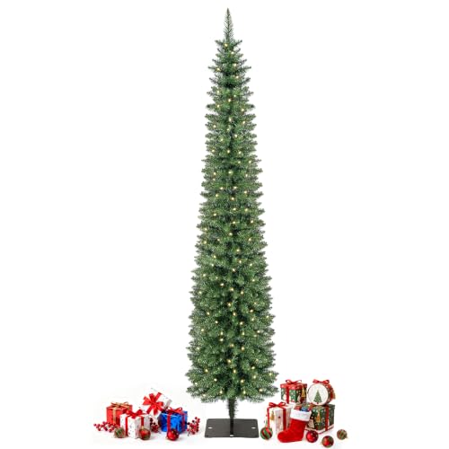 7FT Slim Prelit Christmas Tree with Warm White LED Lights, Green Variant