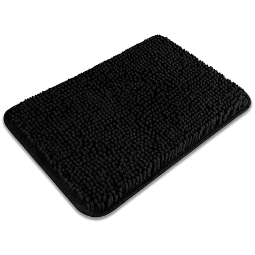 Washable Black Bathroom Rug 12"x18" - Soft Chenille Non-Slip Mat