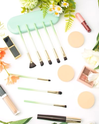 NBPF Eye Makeup Brush Set 8 Pcs Synthetic with Puffs and Green Case