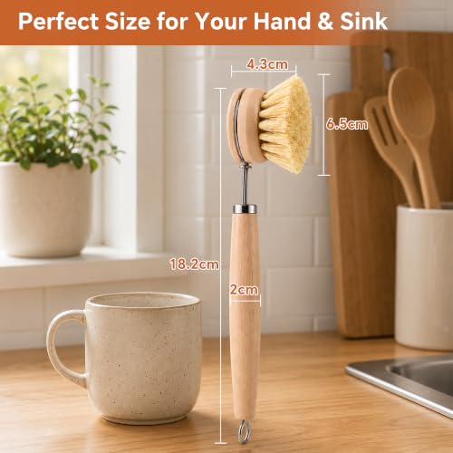DEBETOOL Bamboo Dish Brush Set with 4 Sisal & Palm Fiber Heads