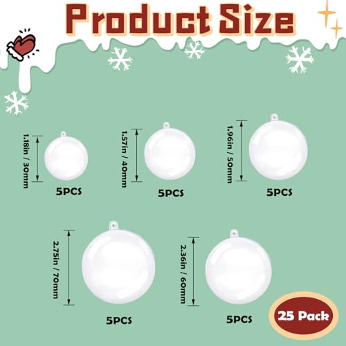 25 Pack Clear Fillable Plastic Ornaments for Christmas Tree & Decor