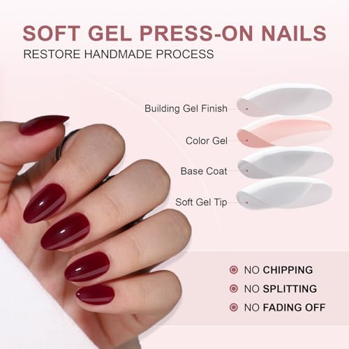 Wine Red Short Almond Press On Nails Glossy Fake Nails Kit