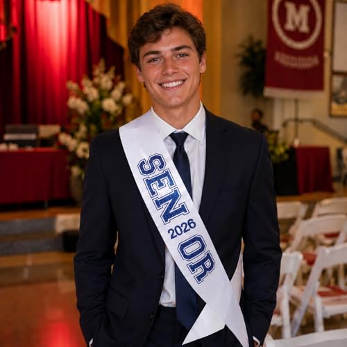 2026 Senior Sash - White Satin with Blue Glitter Letters