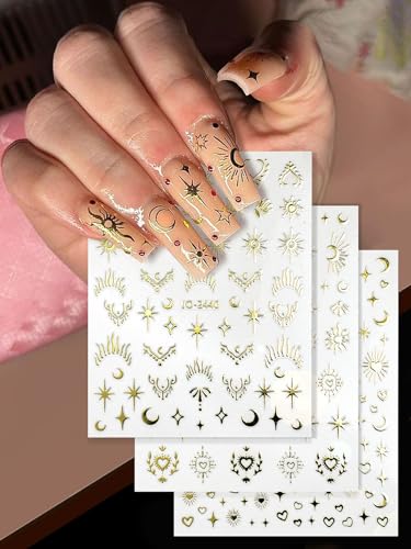 Star Moon Sun 3D Nail Art Stickers Decals Gold Silver 6 Sheets