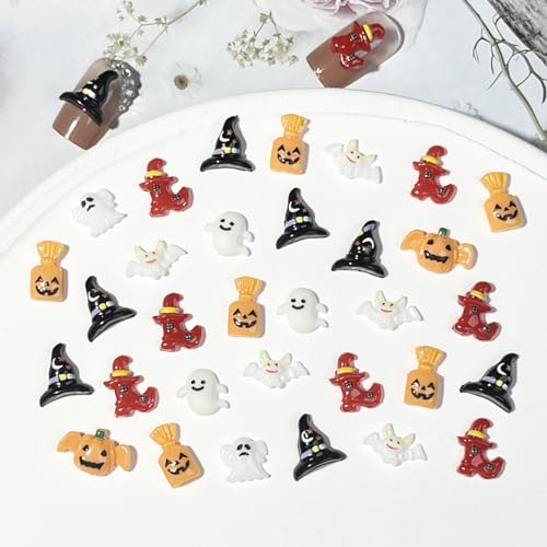 50Pcs Halloween Nail Charms Resin Flatback Pumpkin Ghost Bat Rhinestones