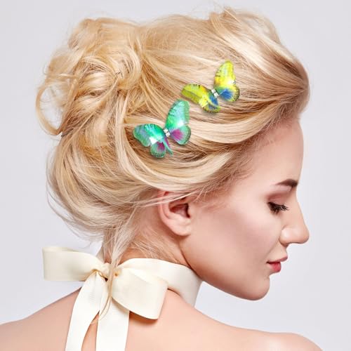 HINZIC 5pcs 3D Organza Butterfly Hair Clips Gradient Rhinestone Barrettes