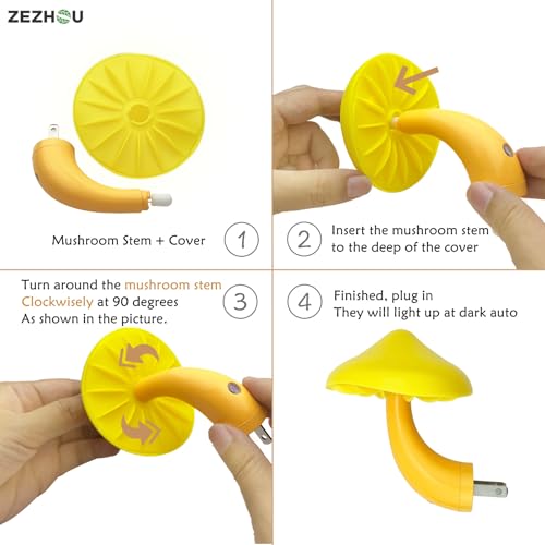 ZEZHOU Warm Yellow Mushroom Night Light - 2-Pack Plug-In Sensor Lamp