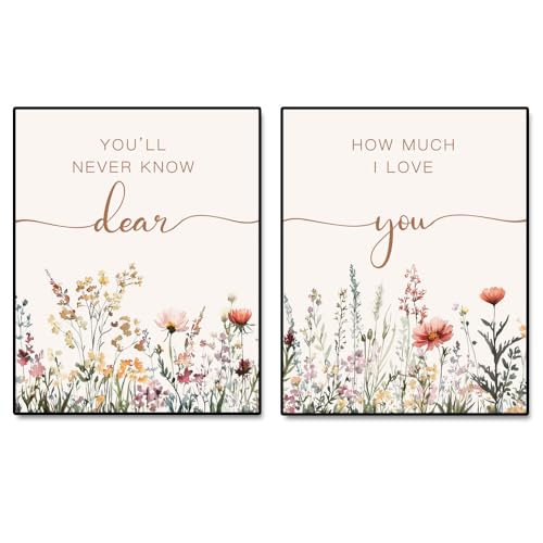 Love Quote Wall Art Set of 2 - Floral Prints for Bedroom & Nursery