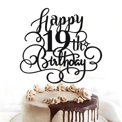 Black Glitter 19th Birthday Cake Topper - Cheers to 19 Years Party Decor