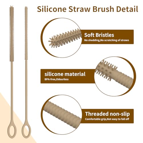 Vodvob 2-Piece Silicone Straw Cleaner Brush Set - Brown, Bendable Steel Core