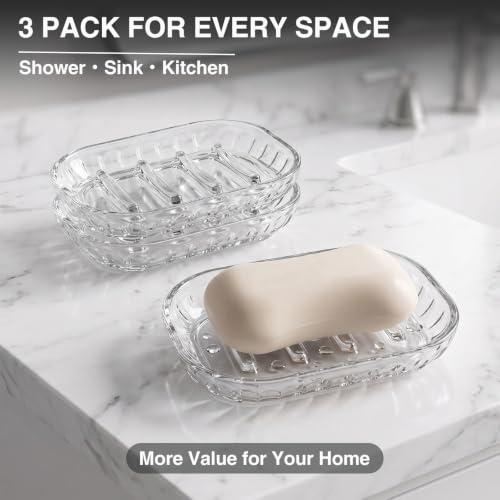 YREKAX 3-Pack Clear Soap Dish with Drainage for Shower and Kitchen Sink