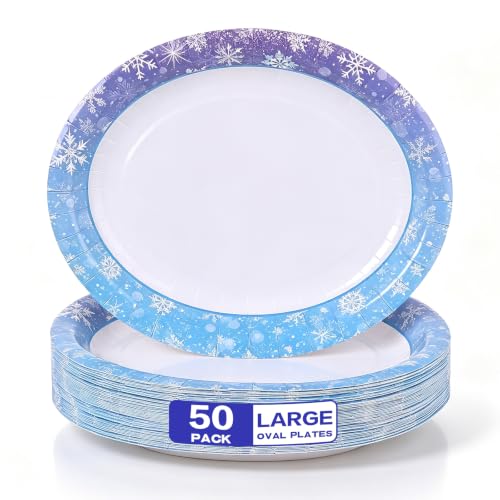 Heavy Duty Snowflake Oval Paper Plates 10.4x12.6 Inches - Blue and Purple, 50 Pack, Winter Party