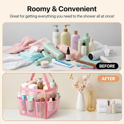 Portable Mesh Shower Caddy with 9 Pockets - Quick Dry Tote Bag for Dorm & Travel (Pink)